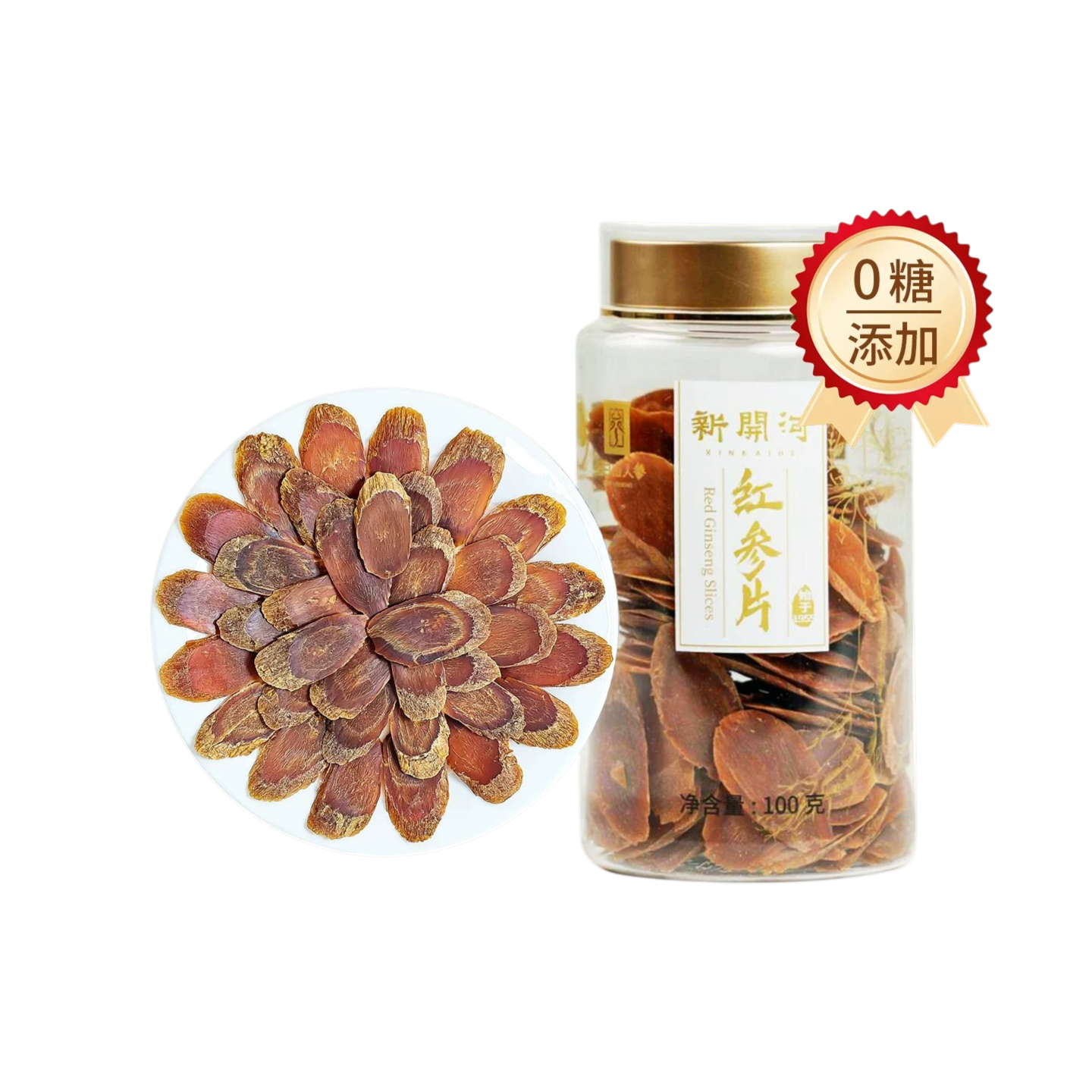 Red Ginseng Slices from Changbai Mountain Jilin China，6 years older Ginseng root，1 Steam 1 Dry，100g per Bottle